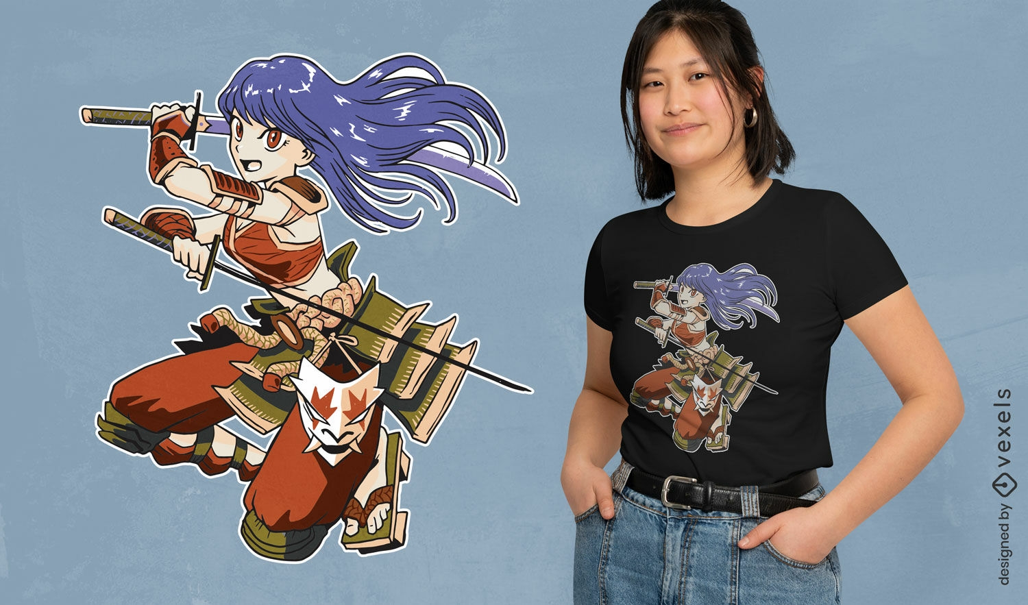 Design de camiseta de mulher de anime samurai
