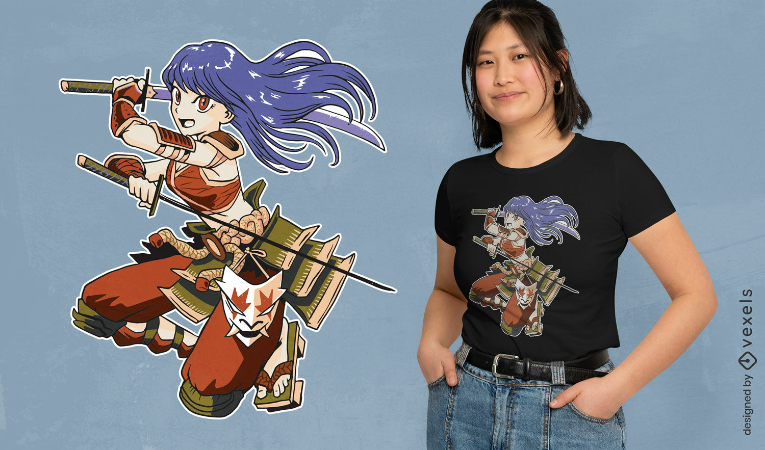 Samurai Anime Woman T-shirt Design Vector Download