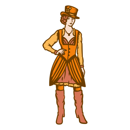 Mujer con sombrero de copa y vestido naranja Diseño PNG