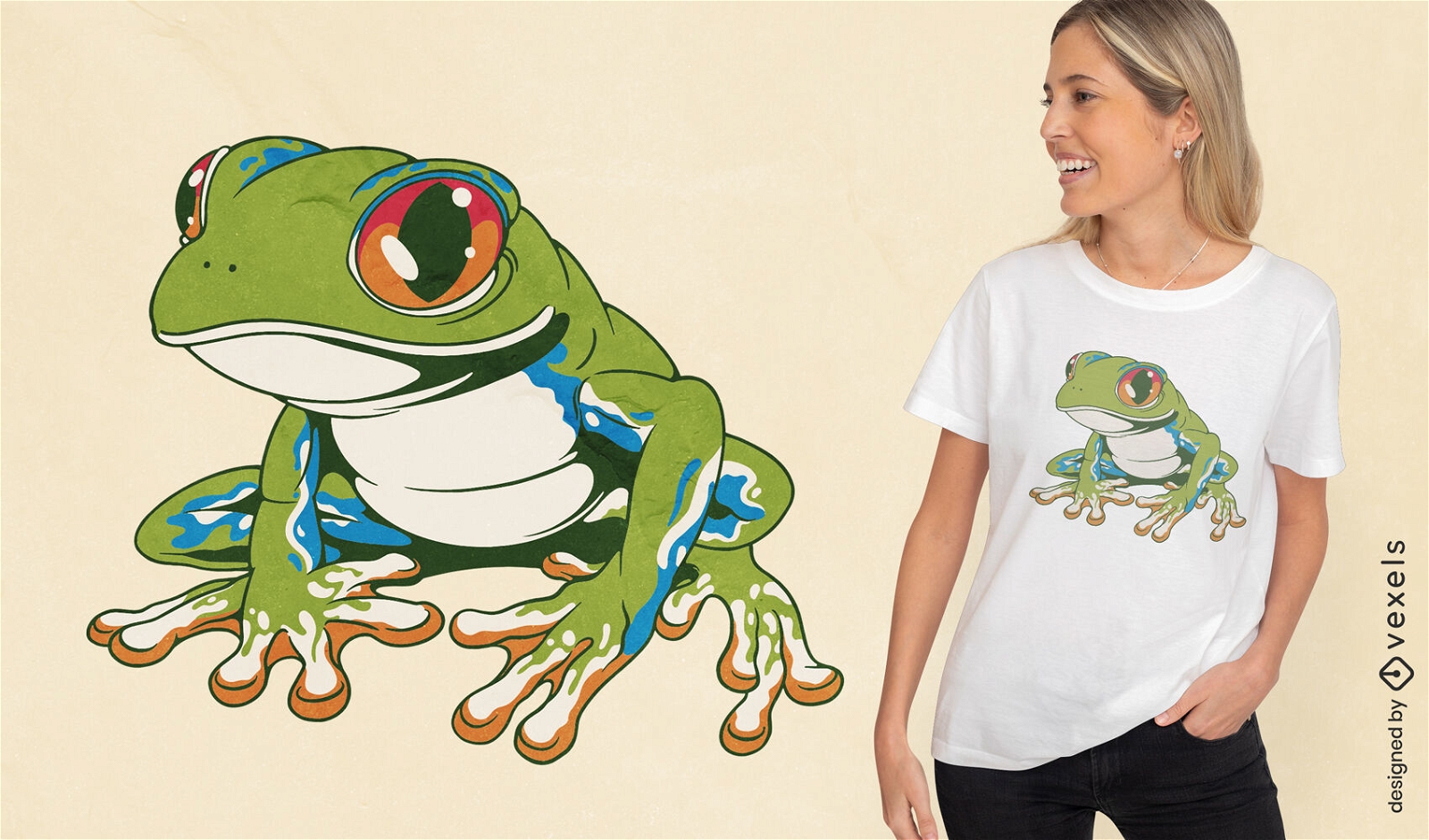 T-Shirt-Design mit roten Augen des Tiers des grünen Frosches