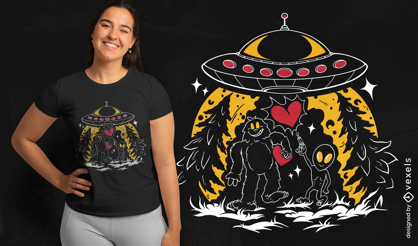 Alien e pé grande com design de camiseta de nave espacial
