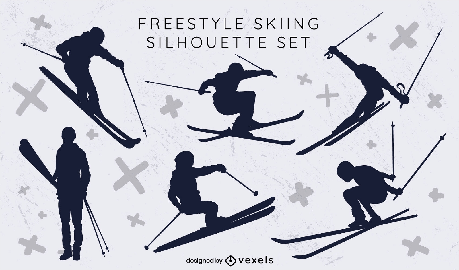 Silhouettes of people skiing winter set