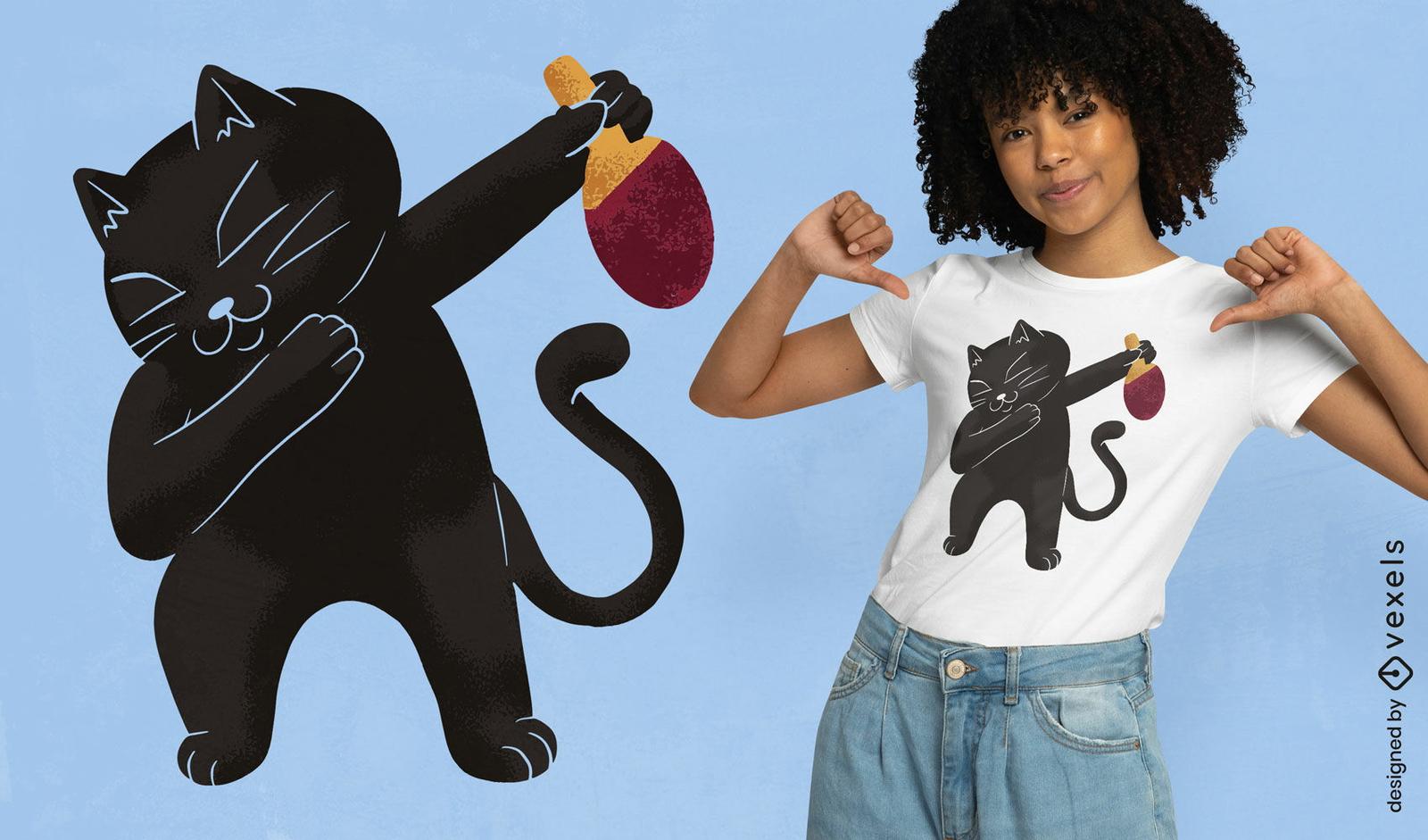 Gato negro con diseño de camiseta de paleta de ping pong