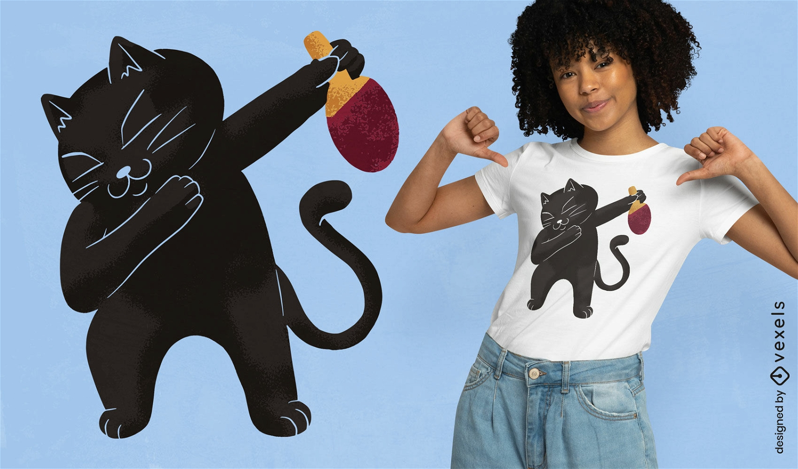 Gato preto com design de camiseta de remo de ping pong