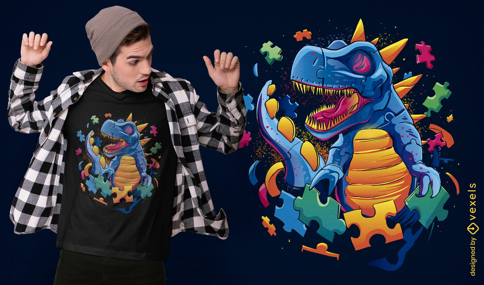 T-Shirt-Design mit Dinosauriern und Puzzleteilen