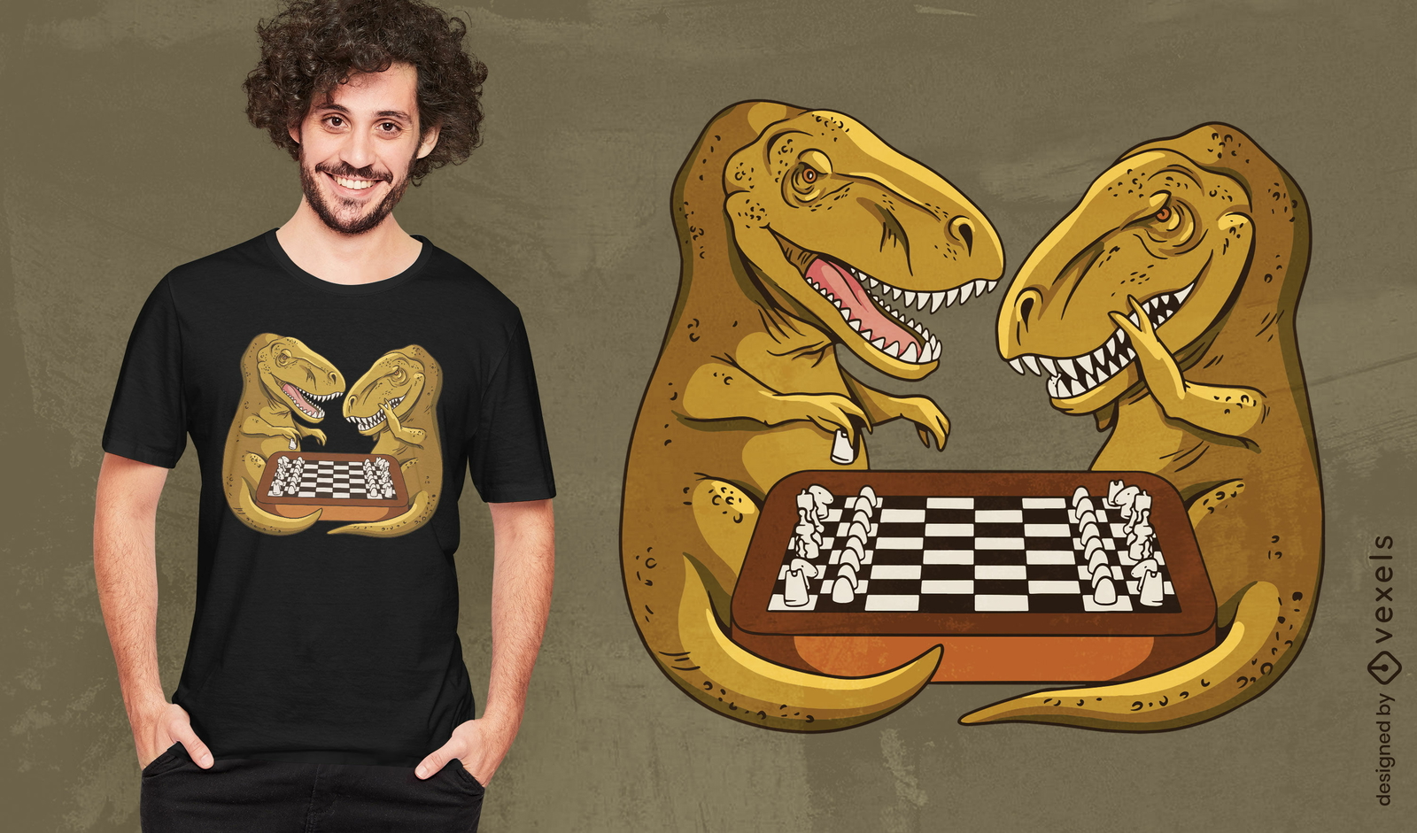 Diseño de camiseta de dinosaurios T-rex jugando al ajedrez.