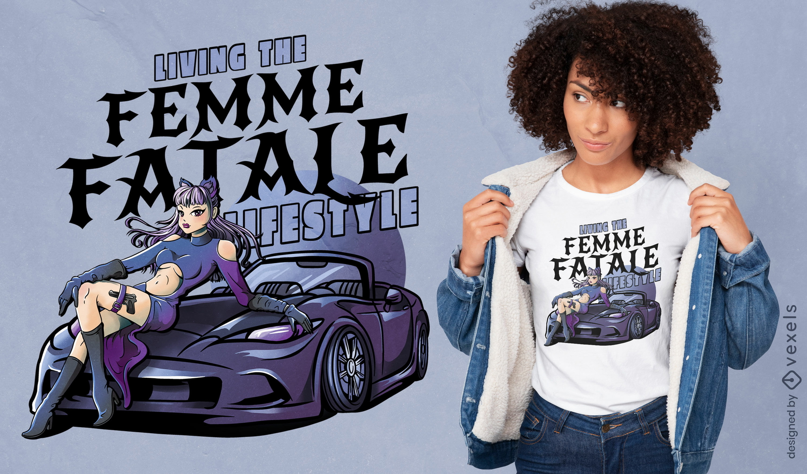 Mujer anime con diseño de camiseta de coche caro.