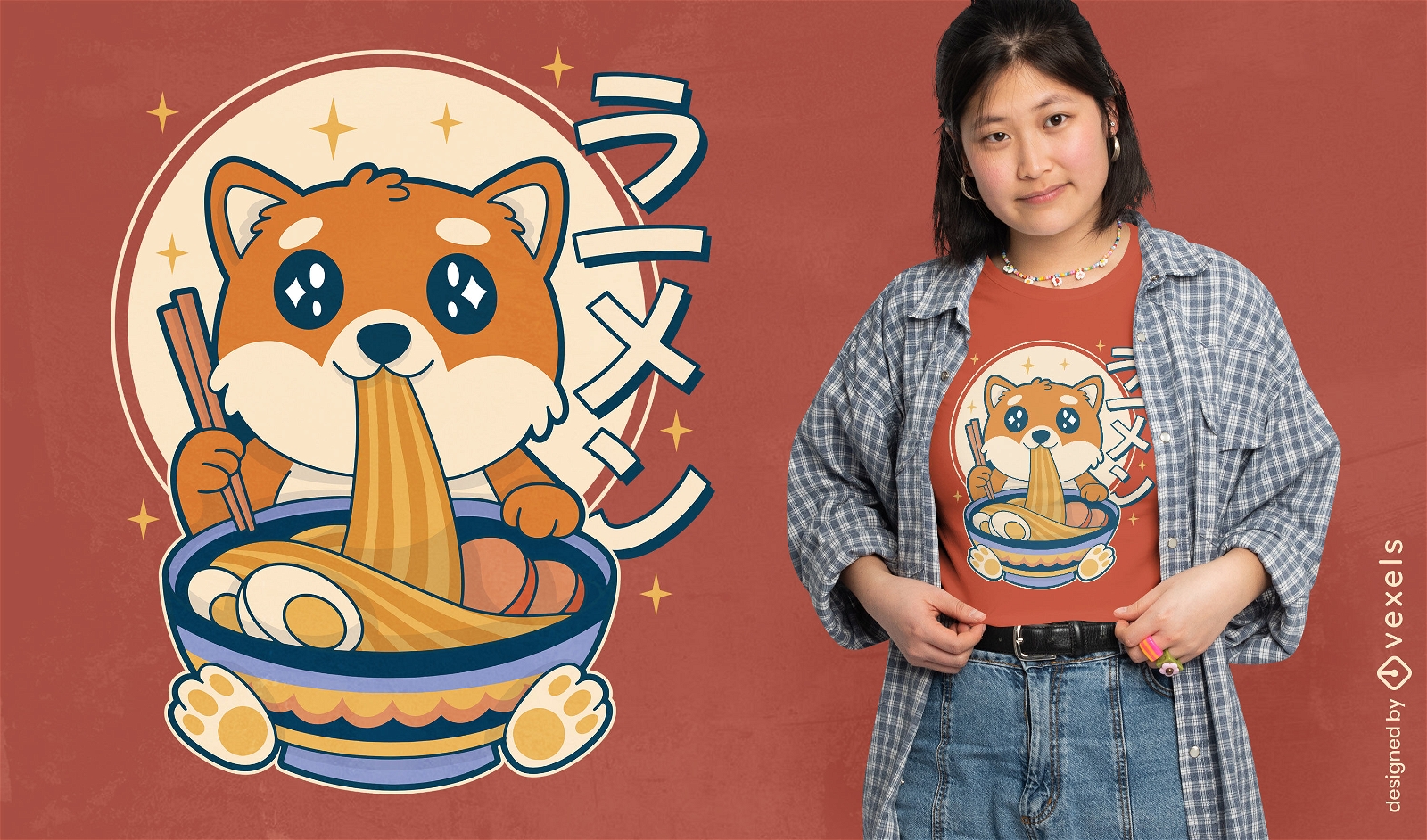 Corgi comiendo diseño de camiseta de comida ramen