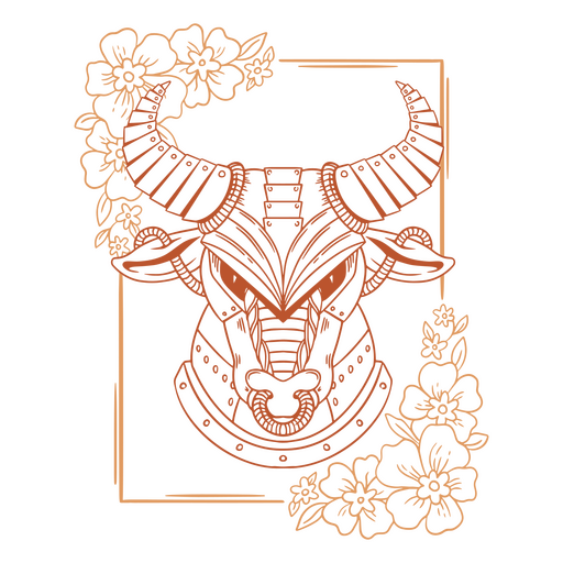 Toro con cuernos y flores en un marco. Diseño PNG