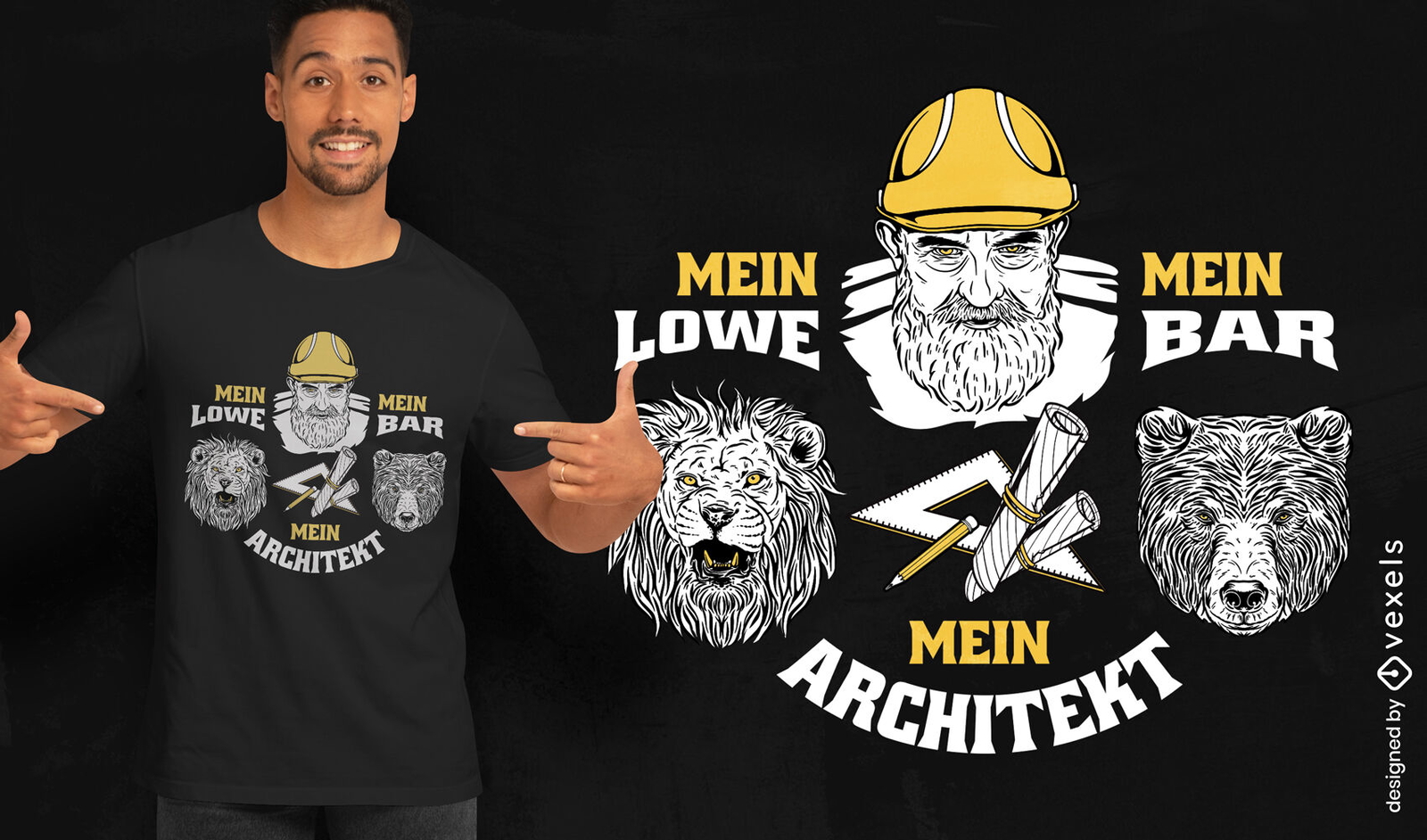 Design de camiseta de leão e urso de arquiteto