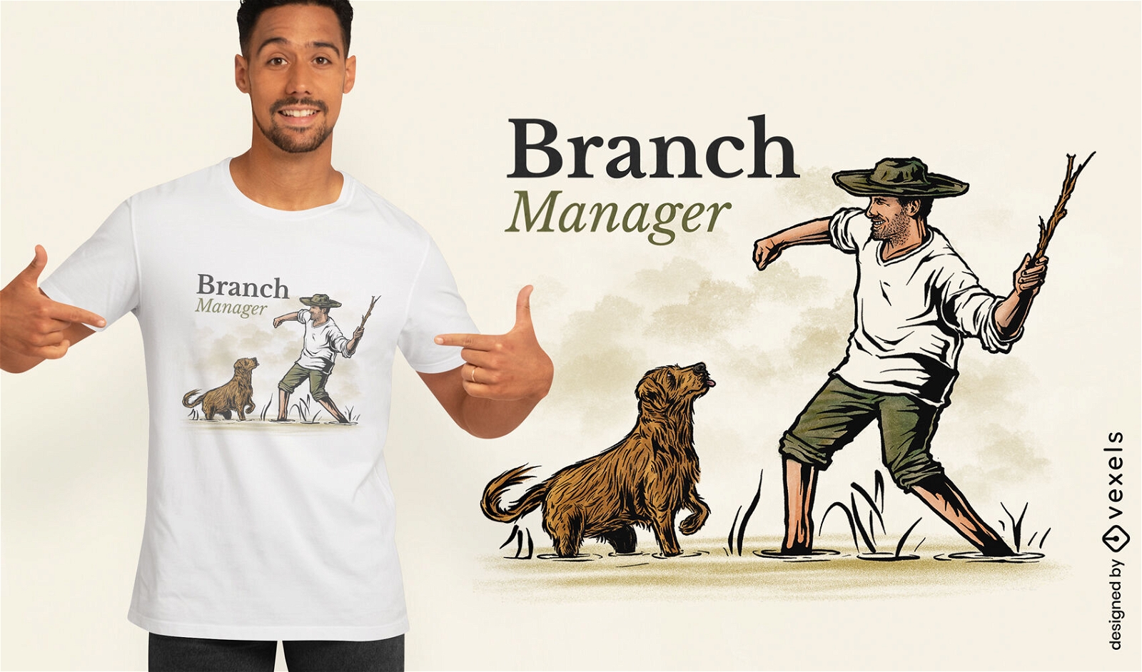 Mann und Hund spielen mit Stock-T-Shirt-Design