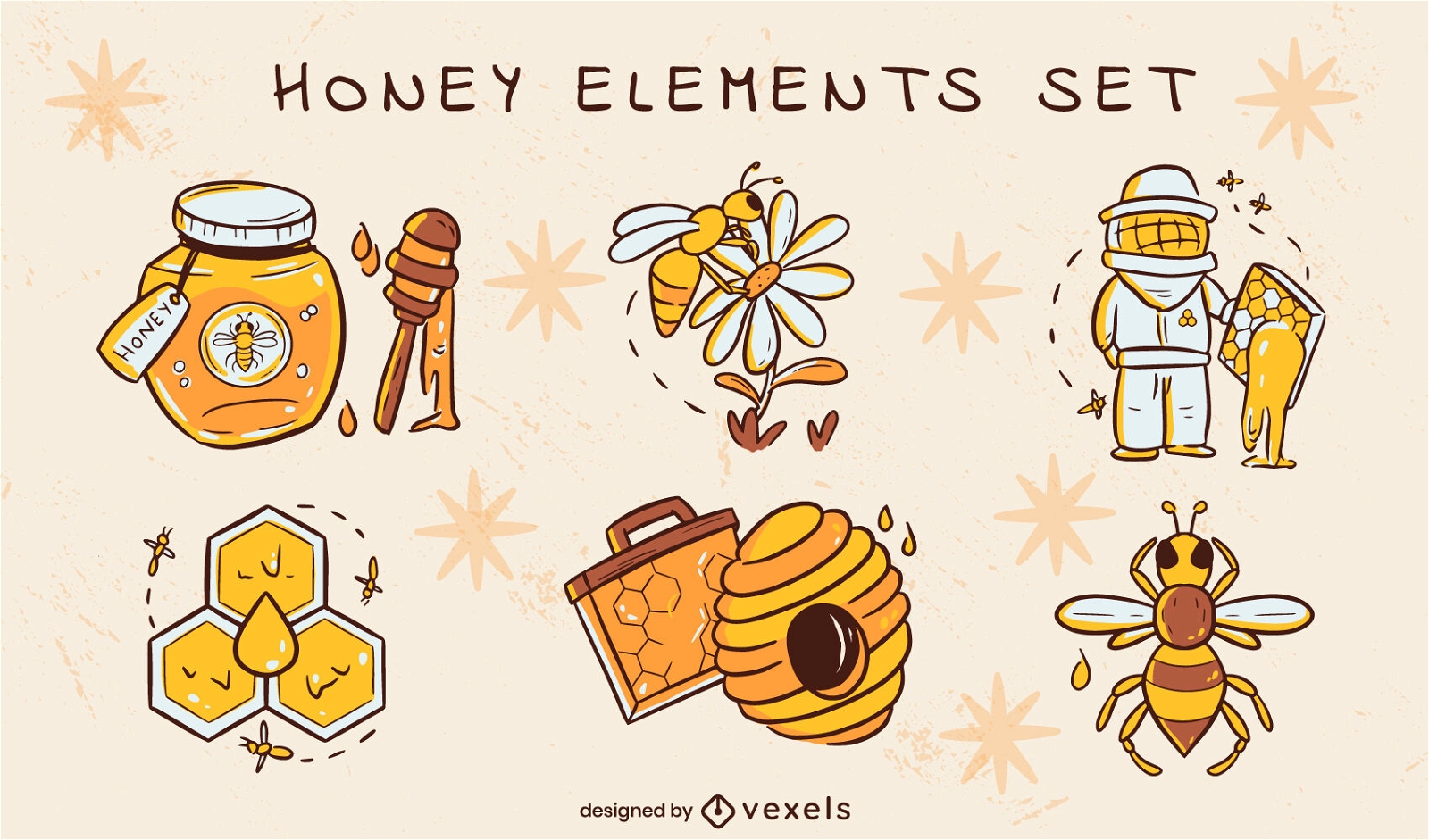 Conjunto de elementos fofos de mel e abelhas