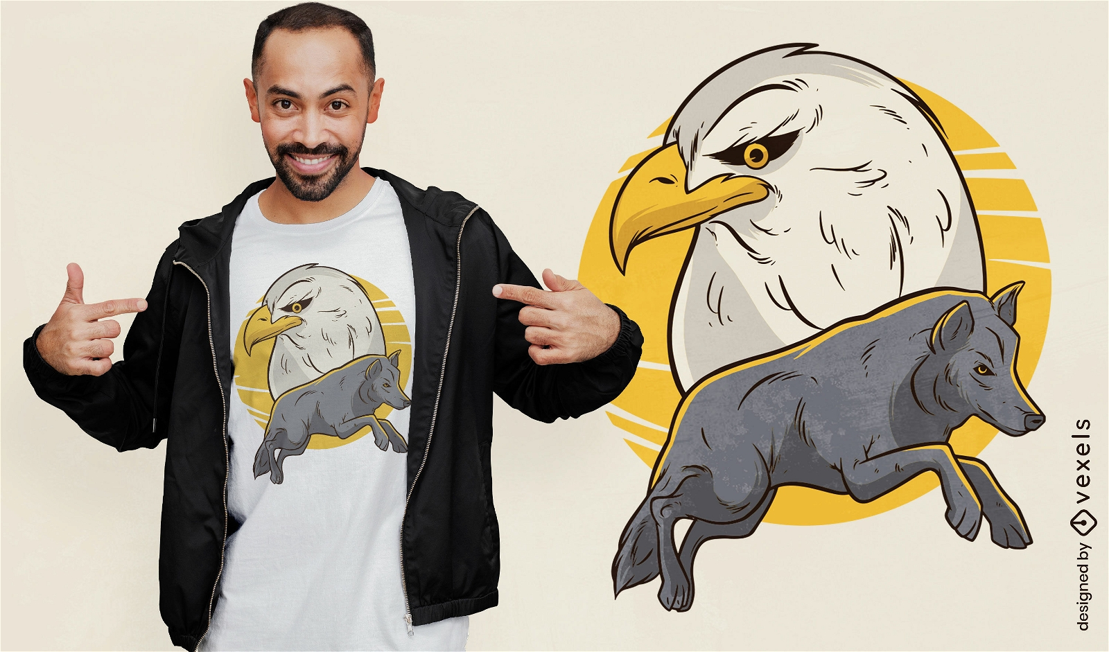Diseño de camiseta de águila y lobo.