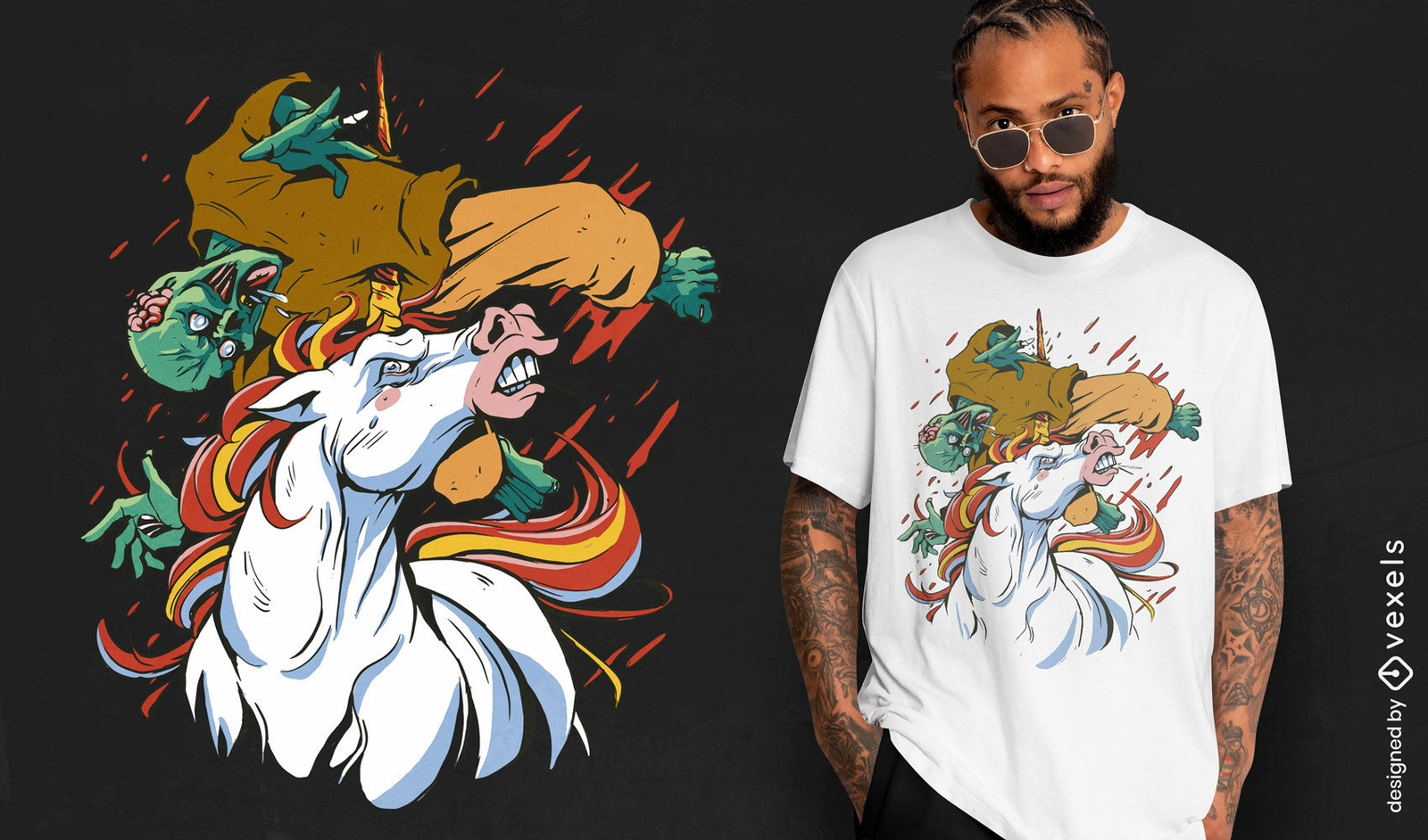 Diseño de camiseta de unicornio y monstruo zombie.