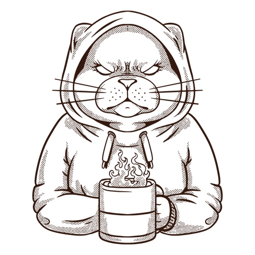 Katze in einem Kapuzenpullover hält eine Tasse Kaffee PNG-Design