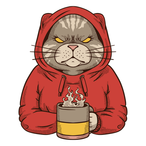 Gato con una sudadera con capucha roja sosteniendo una taza de café Diseño PNG