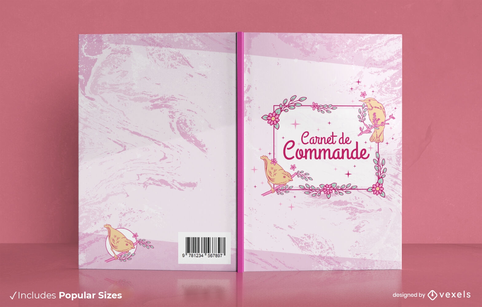 Design de capa de livro rosa de p?ssaros e flores