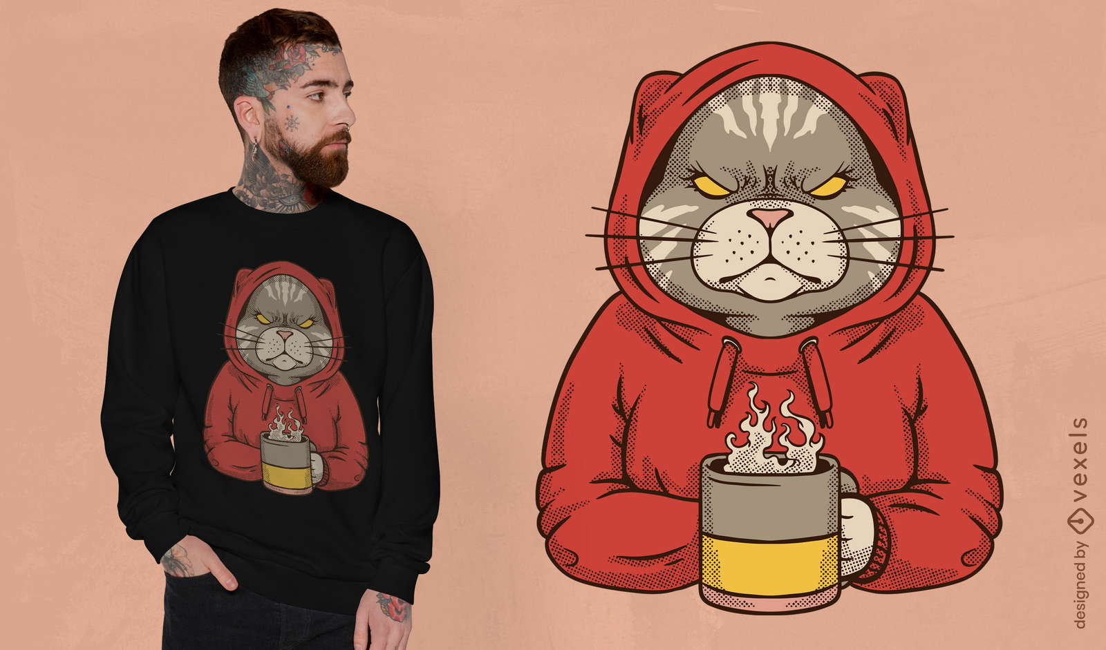 Gato bravo com capuz e design de camiseta de café