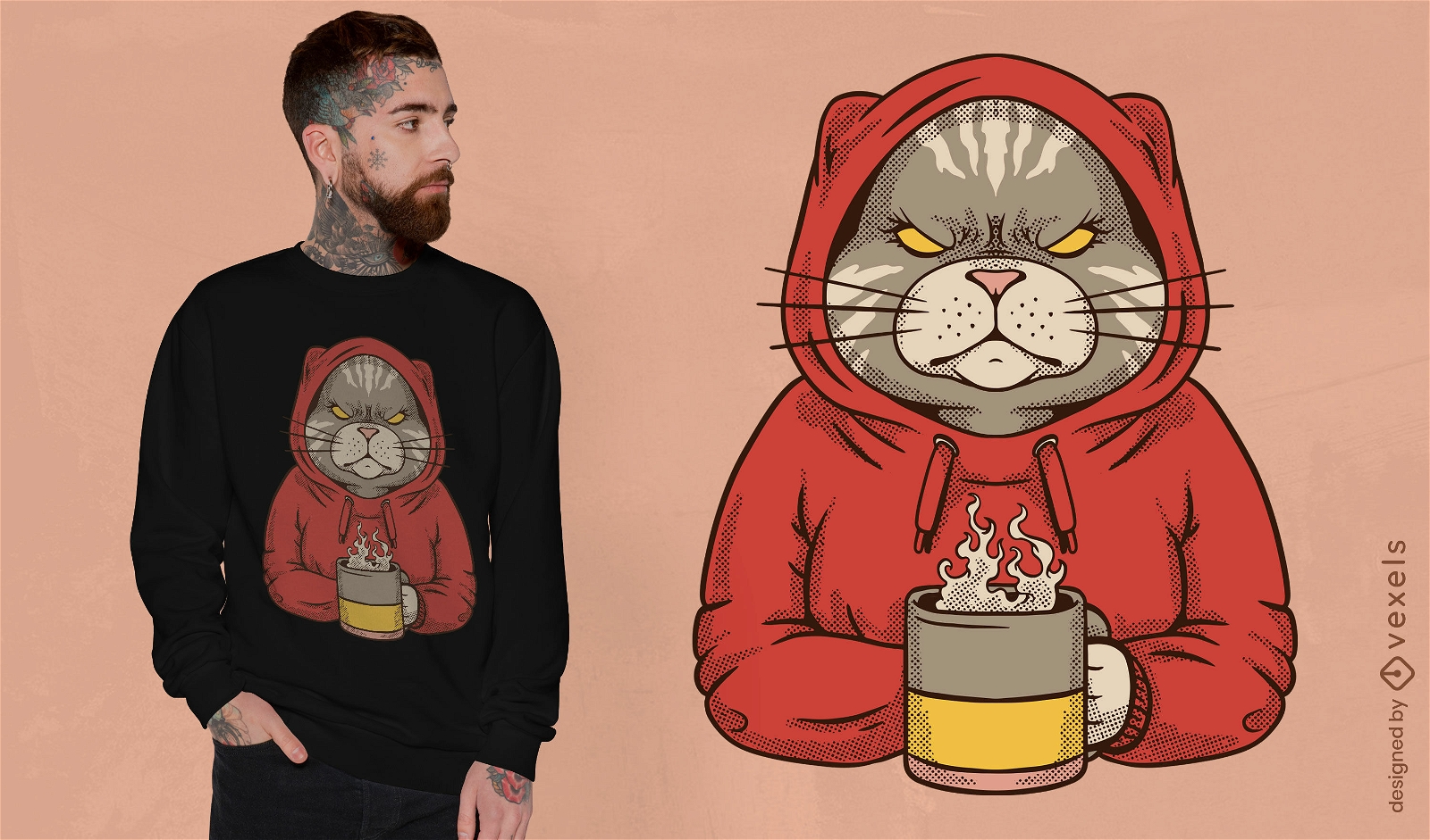 Wütende Katze mit Hoodie- und Kaffee-T-Shirt-Design