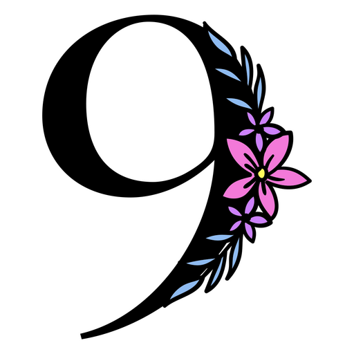Flores moradas en el número 9. Diseño PNG