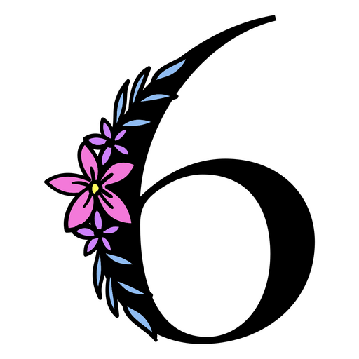 Flores moradas en el número 6. Diseño PNG