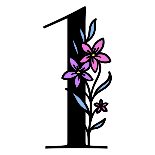 Flores moradas en el número 1. Diseño PNG