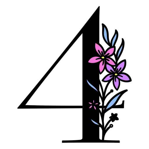 Flores moradas en el número 4. Diseño PNG