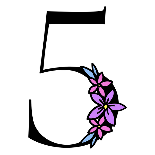 Flores moradas en el número 5. Diseño PNG