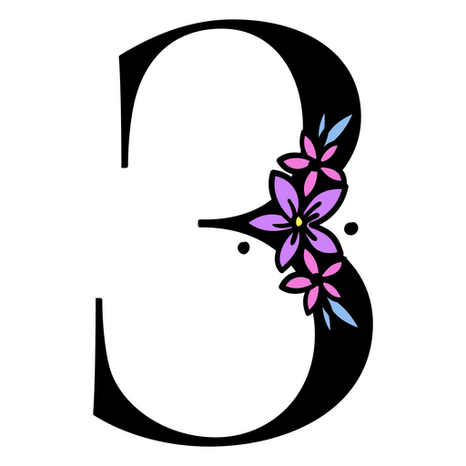 Flores moradas en el número 3. Diseño PNG