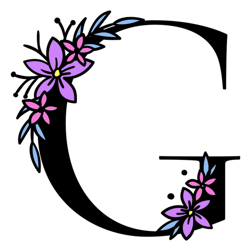 Flores moradas en la letra G. Diseño PNG
