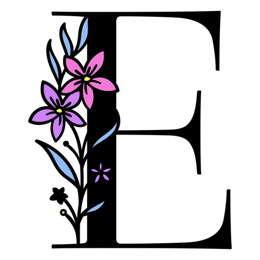 Flores moradas en la letra E. Diseño PNG