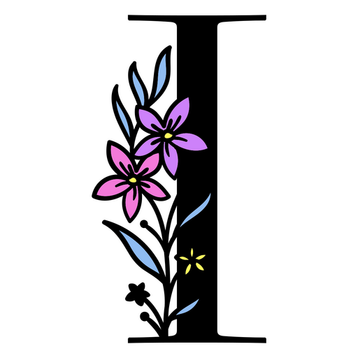 Flores moradas en la letra I. Diseño PNG