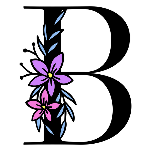 Flores moradas en la letra B. Diseño PNG