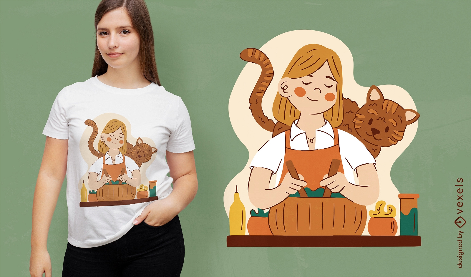 Mujer cocinando con diseño de camiseta de gato.