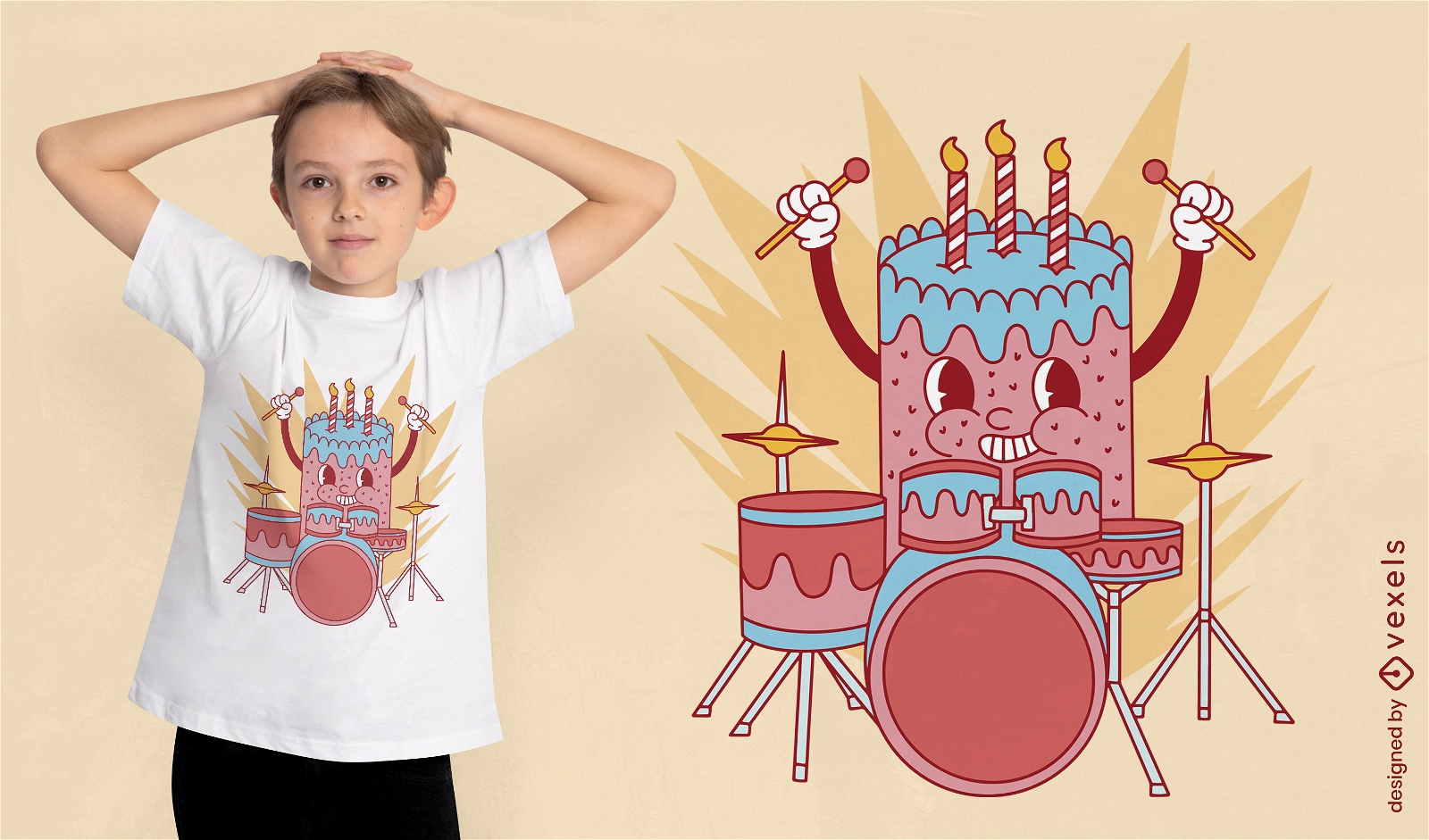 Diseño de camiseta de pastel de cumpleaños tocando tambores