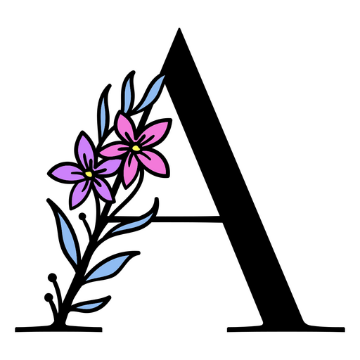 Flores moradas en la letra A. Diseño PNG