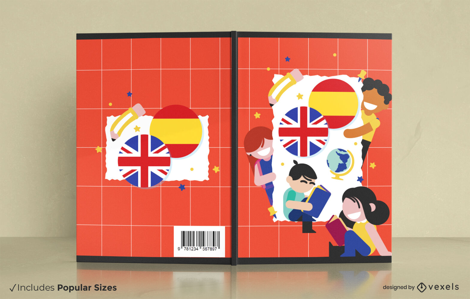 Crianças estudando design de capa de livro espanhol