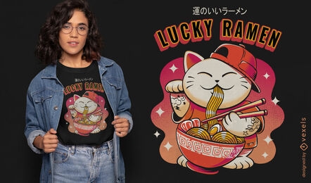 Animal gato da sorte comendo design de camiseta ramen