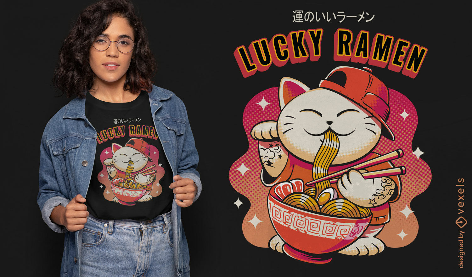 Design de camiseta com gato da sorte comendo ramen