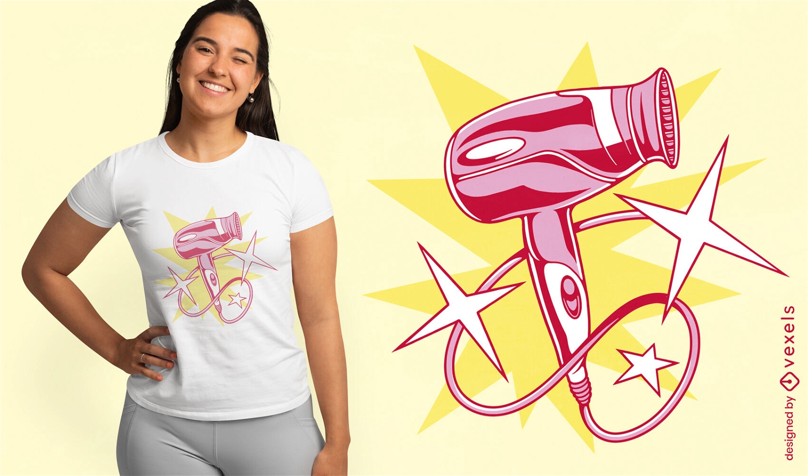 Diseño de camiseta de instrumento de secador de pelo rosa.