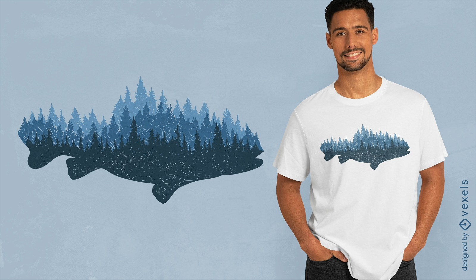 Design de camiseta de floresta em forma de peixe