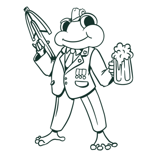 Dibujo de una rana con traje y sosteniendo una cerveza. Diseño PNG