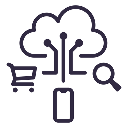 Icono de una nube con un carrito de compras y una lupa. Diseño PNG