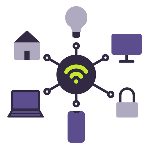 Círculo morado con un icono de wifi y otros dispositivos. Diseño PNG