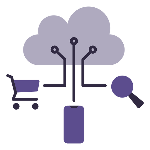 Nube morada con un carrito de compras y una lupa Diseño PNG