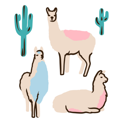 Three llamas and cactus PNG Design