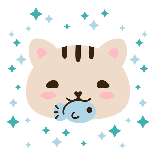 Gato kawaii com um peixe na boca Desenho PNG