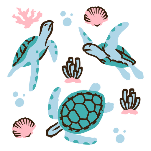 Conjunto de tortugas marinas y corales. Diseño PNG