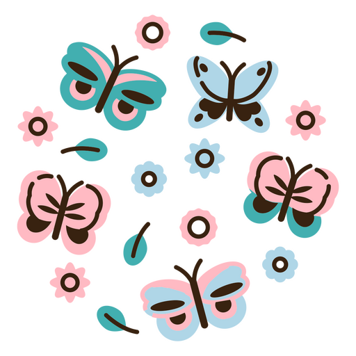 Círculo de mariposas y flores. Diseño PNG