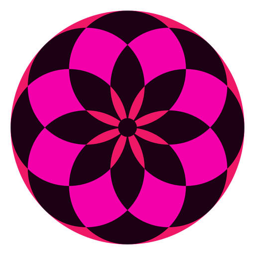 Círculo rosa y negro con una flor rosa en el centro. Diseño PNG